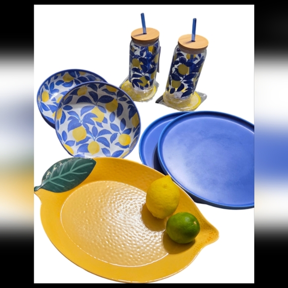 10pc Dinnerware Lemon-Themed Blue and Yellow Set - Picture 1 of 6